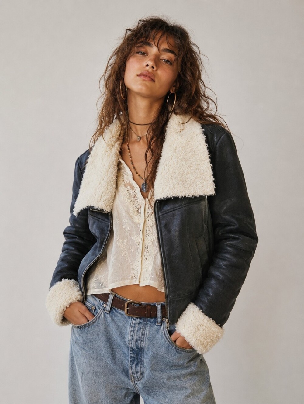Women’s Black Faux Leather Shearling Jacket with Cream Collar